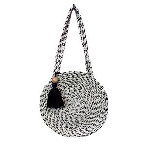 M&S Collection White Black Woven Cotton Round Shoulder Boho Bag with Tassel